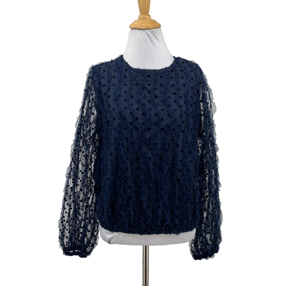 Sunday Edition Blouse Women S Small Navy Velvet Swiss Dots Sheer Overlay Ruffles